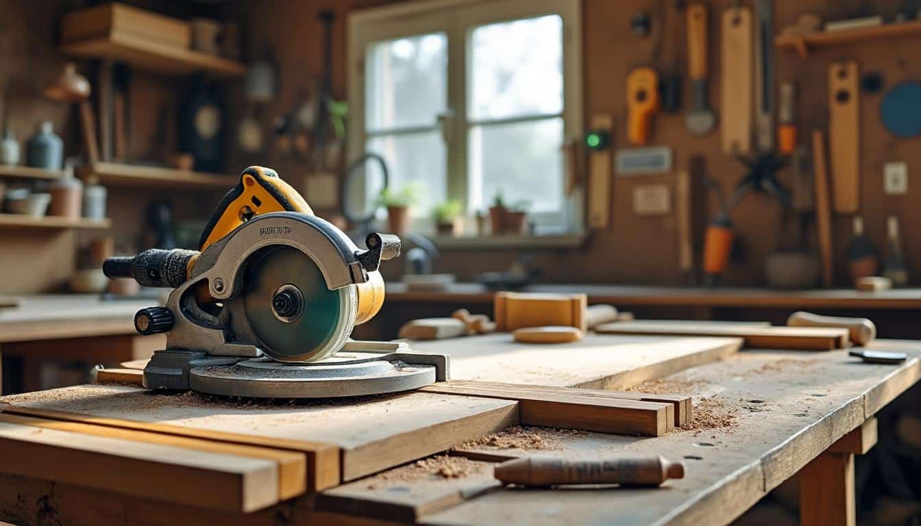 Illustration: Le matériel indispensable et les réglages pour réussir une coupe à 45° avec une scie circulaire