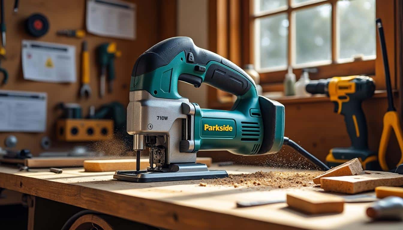 Illustration: Zoom sur les spécifications techniques de la scie sabre Parkside 710W